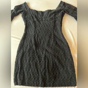 Black eyelet off the shoulder mini dress